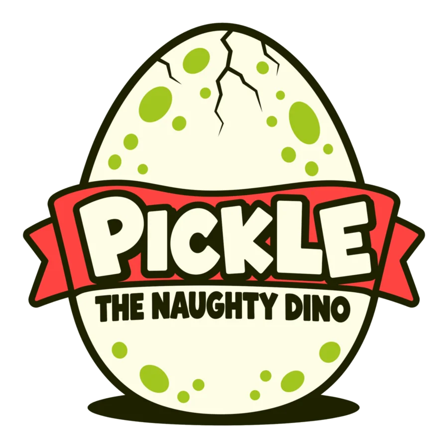 A speckled cartoon egg with the Pickle the Naughty Dino logo, starting to crack